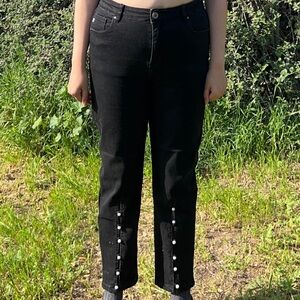 High Rise Black Jeans with Pearl Detailing